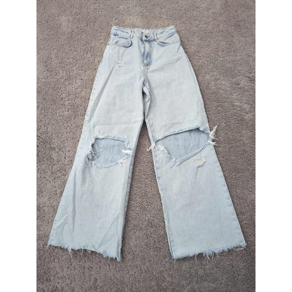 Zara Jeans Womens 4 Blue Washed High Rise Distressed Wide Leg Raw‎ Hem Y2K 90s